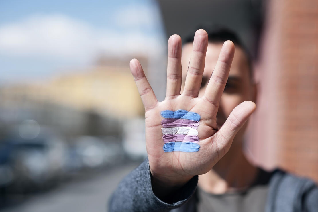 closeup of the palm of the hand of a young caucasian person with a transgender flag painted in it, in front of his or her face