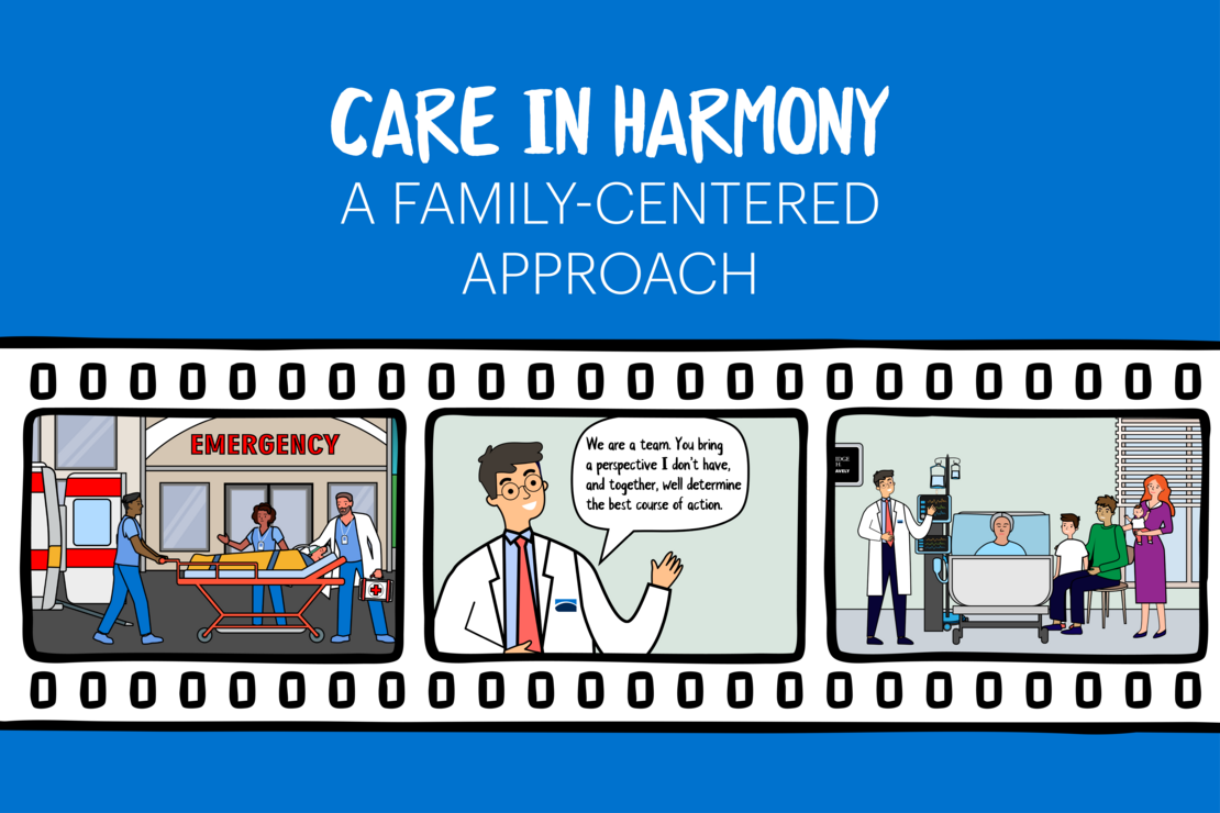 A banner reading "Care in Harmony: A Family-Centered Approach" above a film reel graphic depicting one patient's critical care experience at Sinai Hospital.