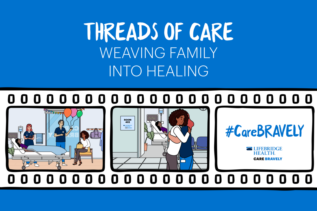 A banner reading "Threads of Care: Weaving Family into Healing" above a film reel graphic showing animated still shots of wholesome hospital interactions.