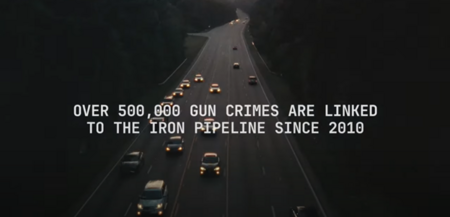 Aerial view of I-95 with a statistic overlaid: "Over 500,000 gun crimes are linked to the Iron Pipeline since 2010."
