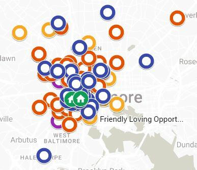 Map of Baltimore with grantees represented by colorful dots.