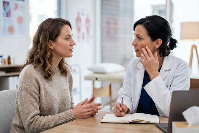 Doctor talking to woman about sexual assault