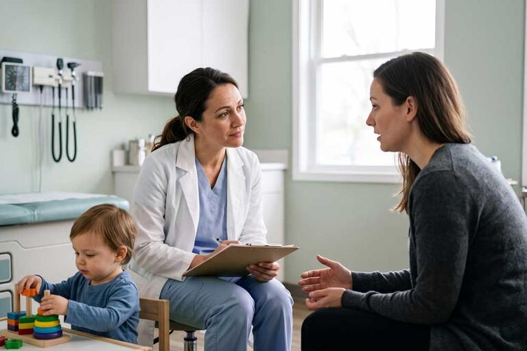 Mother talking to doctor