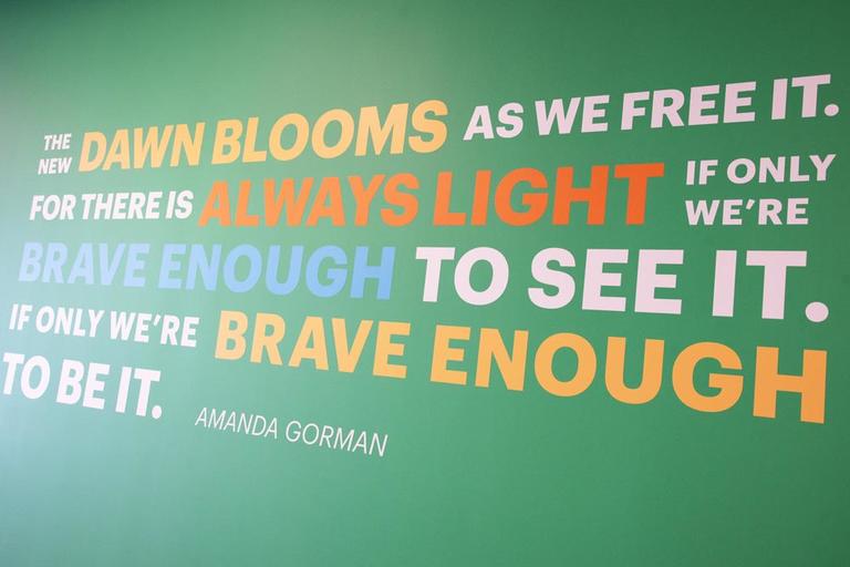 A quote by Amanda Gorman on display at the Center for Hope in Baltimore