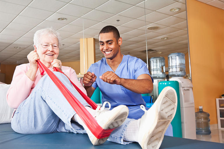 patient stretching her knee